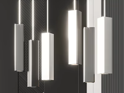 Modern Silver And White Rectangular Pendant Lights Hanging Against Dark Striped Background 3d model