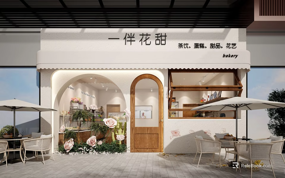 Floral Themed Dessert Shop With Tea Cakes And Outdoor Seating 3d model 
