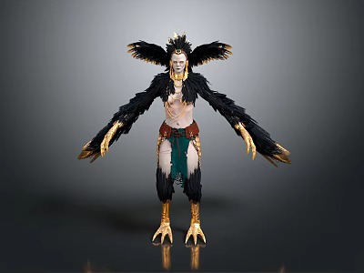 Mythical Creature With Eagle Like Head Black Feathers Golden Claws And Green Belt 3d model