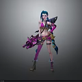 Detailed Colorful 3D Female Character With Blue Hair Purple Pink Outfit And Mechanical Weapon
