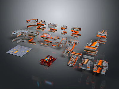 Modern Geometric Staircase With Orange Gray Modules Metal Frames And Structural Components 3d model