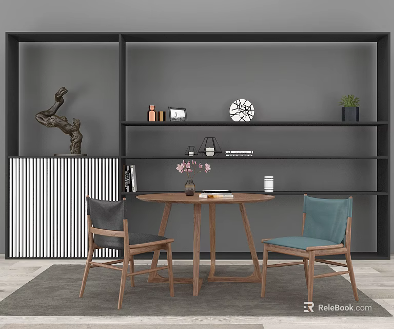 Round Wooden Dining Table Set With Two Chairs And Decorative Shelves 3d model