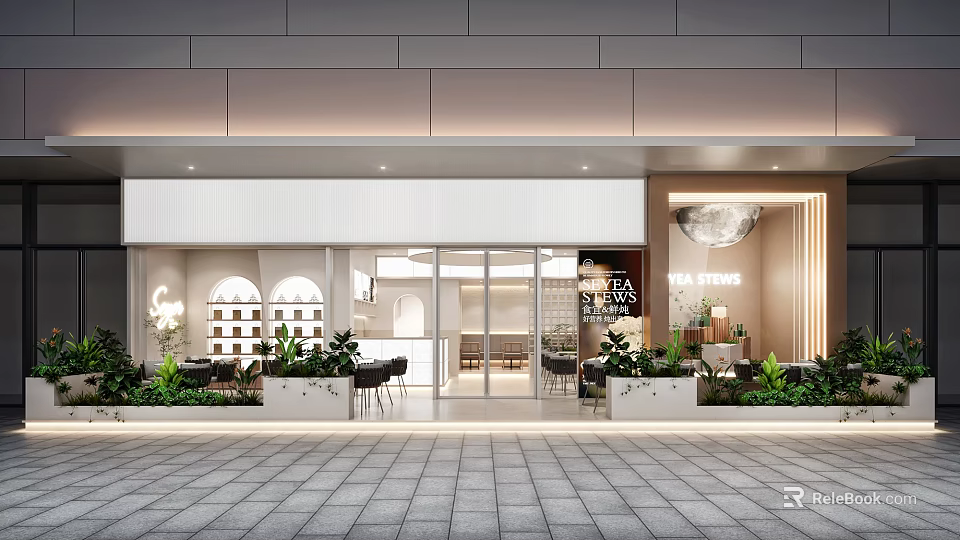 Elegant Modern Bubble Tea Shop Exterior Design With Glass Doors And Green Plants 3d model 