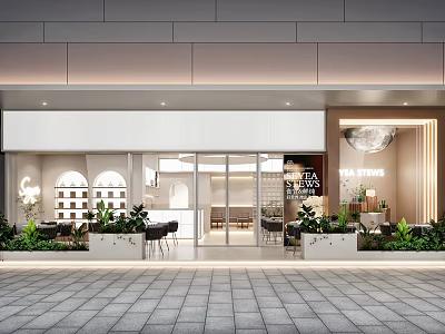 Elegant Modern Bubble Tea Shop Exterior Design With Glass Doors And Green Plants 3d model