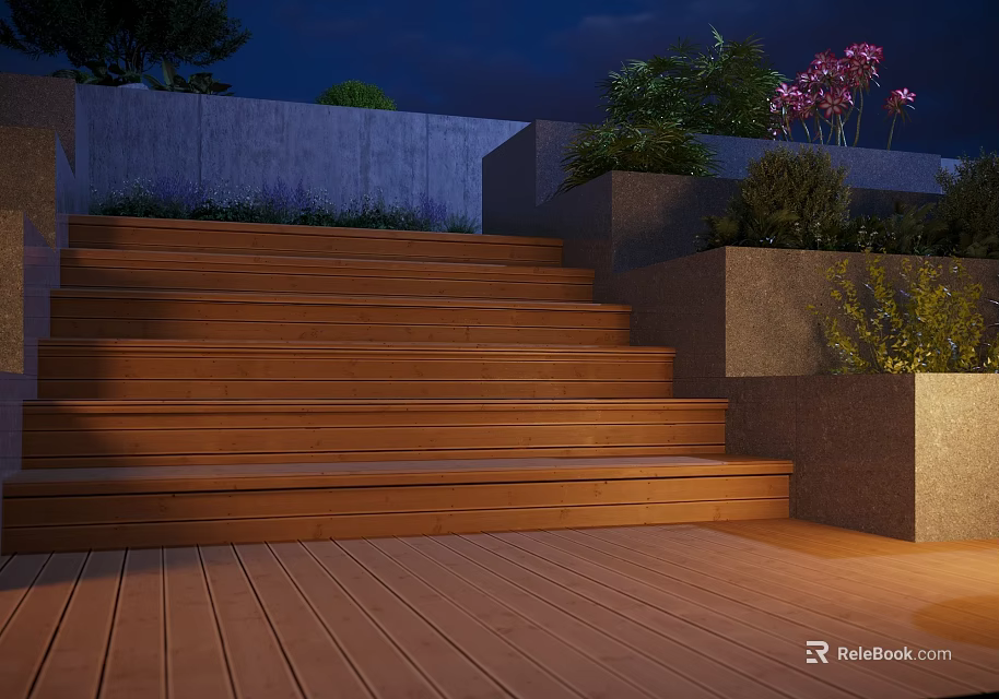 Stylish Wooden Steps In Outdoor Landscape With Concrete Walls Green Plants And Night Lighting 3d model 