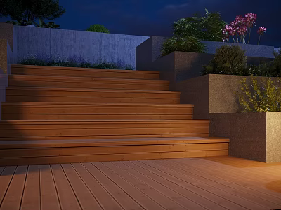 Stylish Wooden Steps In Outdoor Landscape With Concrete Walls Green Plants And Night Lighting 3d model