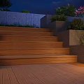 Stylish Wooden Steps In Outdoor Landscape With Concrete Walls Green Plants And Night Lighting