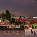 Vibrant Commercial Street With Outdoor Dining Areas Neon Signs Pedestrians Trees And Evening Lights