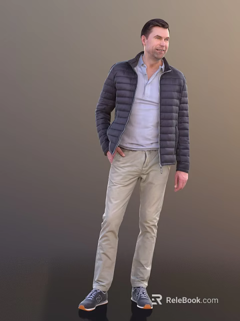 Man Wearing Dark Puffer Jacket Light Gray Shirt And Beige Pants Standing Pose 3d model 