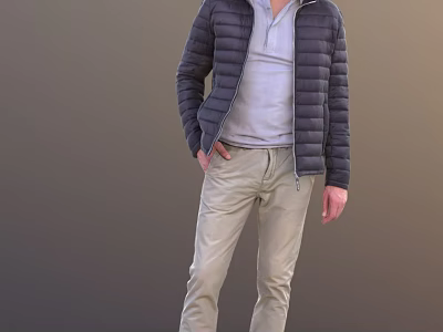 Man Wearing Dark Puffer Jacket Light Gray Shirt And Beige Pants Standing Pose 3d model