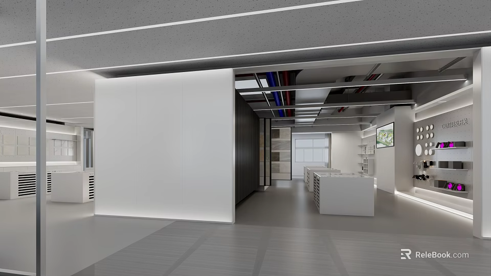Modern Minimalist Office Open Space Featuring White Tone Gray Floor Glass Partition And Display Shelves 3d model 