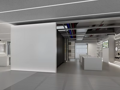 Modern Minimalist Office Open Space Featuring White Tone Gray Floor Glass Partition And Display Shelves 3d model