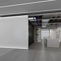 Modern Minimalist Office Open Space Featuring White Tone Gray Floor Glass Partition And Display Shelves
