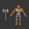3D Tiger Warrior Character With Golden Armor Blue Pants And Axe Weapon 3d model
