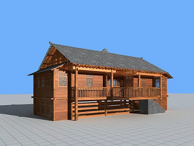 Ancient Chinese Architecture With Wooden Structure Traditional Roof And Balustrades Under Blue Sky 3d model