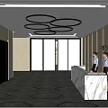 Modern Reception Desk With Marble Counter Receptionists And Circular Ceiling Lights In Lobby