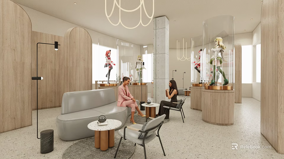 Modern Lounge Area Interior With Gray Sofa Small Round Tables Wooden Decor And Glass Displays 3d model 
