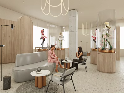 Modern Lounge Area Interior With Gray Sofa Small Round Tables Wooden Decor And Glass Displays 3d model