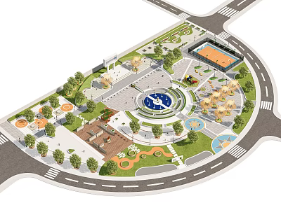 Beautiful Park Landscape Design With Circular Square Fountain Trees And Basketball Court 3d model
