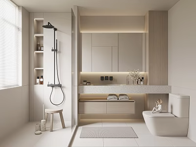 Modern Bathroom Interior Design With Black Shower Head Storage Cabinets And Marble Vanity Mirror 3d model