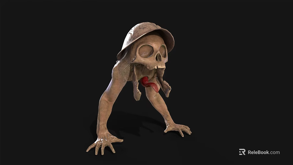 Creepy Skeleton Creature Wearing Old Hat In Crawling Posture With Red Tongue 3d model 