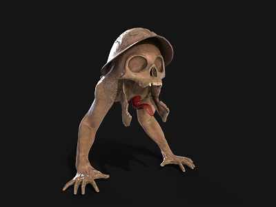 Creepy Skeleton Creature Wearing Old Hat In Crawling Posture With Red Tongue 3d model