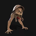 Creepy Skeleton Creature Wearing Old Hat In Crawling Posture With Red Tongue