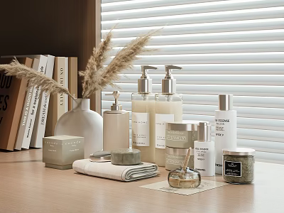 Minimalist Daily Cleansing Essentials With Pump Bottles Jars Towel And Pampas Grass 3d model