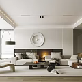 Modern Living Room Interior Design With Round Decorative Art Fireplace Beige Sofa And Coffee Table