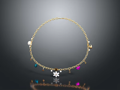 Gold Chain Necklace With Colorful Gemstones And Flower Pendant Fashionable Accessory 3d model