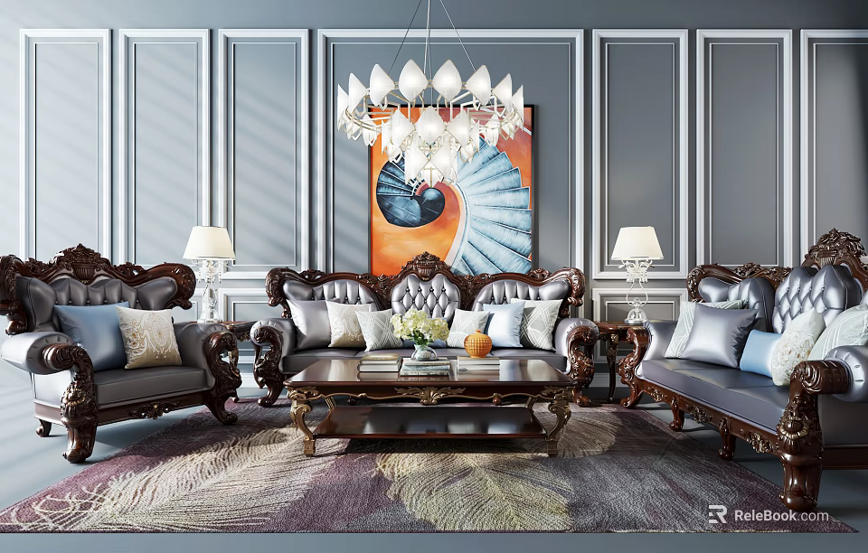 Ornate Sofa And Coffee Table Set With Gray Walls Chandelier And Table Lamps 3d model 