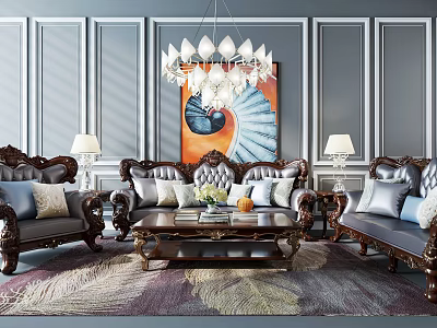 Ornate Sofa And Coffee Table Set With Gray Walls Chandelier And Table Lamps 3d model
