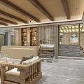 Serene SPA Sauna Space With Wooden Ceiling Stone Walls Tables Black Lanterns And Orange Flowers
