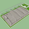 Basketball Gymnasium Featuring Arched Steel Roof Frame Supporting Columns And Court Lines