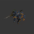 Blue Yellow And Orange Cybernetic Robot Character With Sharp Weapon And Mechanical Limbs