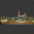 3D Scenic Castle Architecture Model with River Bridge Trees and Small Houses