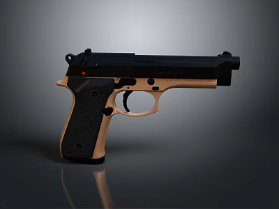 Tactical Modern Pistol With Black Metal Frame And Brown Wooden Grip Design Features 3d model