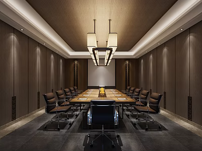 Elegant Meeting Room Design With Long Table Black Chairs Hanging Chandeliers And Wooden Walls 3d model