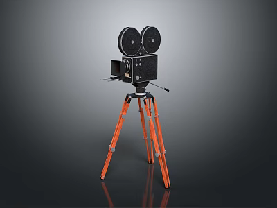 Vintage Old Fashioned Movie Projector Electronic Device With Orange Tripod Stand 3d model