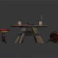 Rustic Round Wooden Table With Red Stool Cups Knife And Fishing Rod
