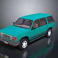 Turquoise Vintage SUV Exterior With Shiny Body And Reflective Surface On Dark Background