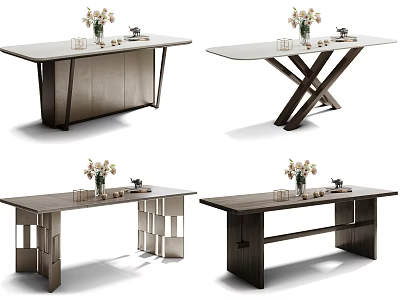 Stylish Wooden Dining Tables With White Tabletop Varied Leg Designs And Decorative Vases 3d model