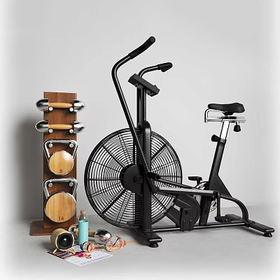Home Gym Sports Equipment Air Bike And Wooden Dumbbell Rack With Weights 3d model