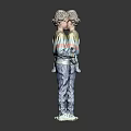 Man in Striped Sweater Jeans and White Shoes Front Back Views Holding Green Stuffed Toy