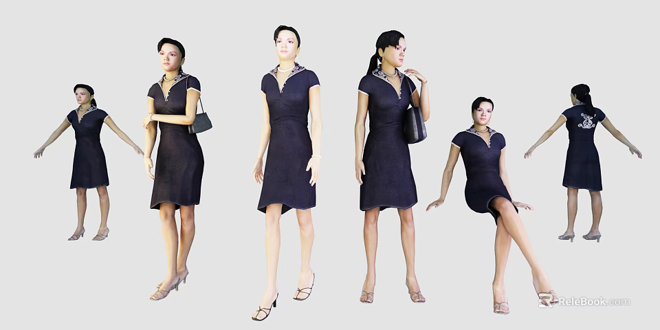 Woman in Dark Dress with High Heels and Handbag in Various Poses 3d model 
