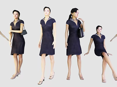 Woman in Dark Dress with High Heels and Handbag in Various Poses 3d model