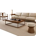 Modern Minimalist Light Beige Sofa and Coffee Table Set with Wooden Chairs Stools and Floor Lamps