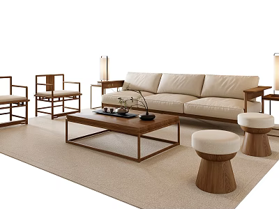 Modern Minimalist Light Beige Sofa and Coffee Table Set with Wooden Chairs Stools and Floor Lamps 3d model
