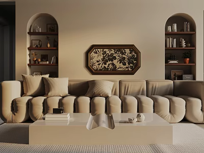 Warm Living Room Three Seater Sofa with Coffee Table Cushions Arched Bookshelves and Decorative Painting 3d model