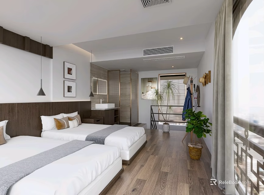 Modern Hotel Guest Room Interior With Twin Beds Wooden Flooring And Decorative Paintings 3d model 